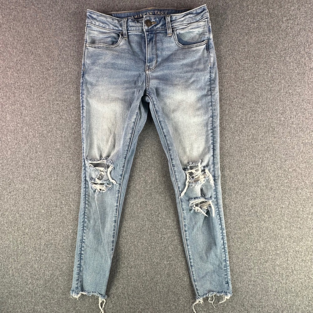 American Eagle Jegging Women 8 Distressed Light Blue Frayed Hem Stretch